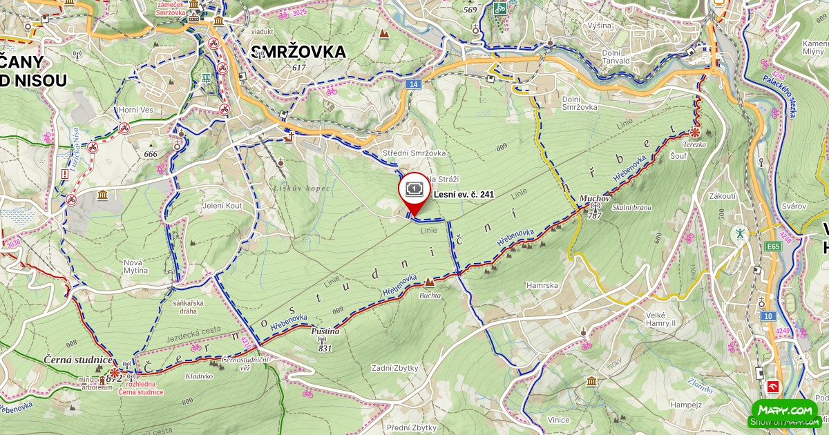 Statická turistická mapa z Mapy.com s vyznačenou lokalitou Lesní 241 ve Smržovce